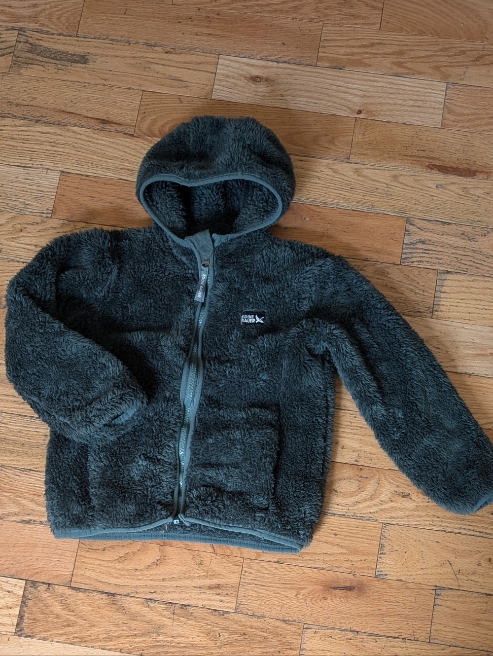 EUC Eddie Bauer Kids Dark Green Fuzzy Hooded Jacket *H22